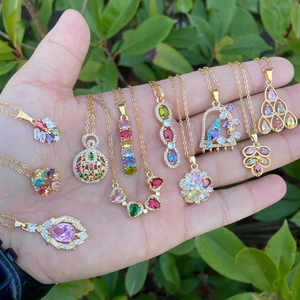 Pendant Necklace Copper Colorful Zircon Micro Pave Heart Flower Leaf Clavicle Chain Fashion Jewelry For Women