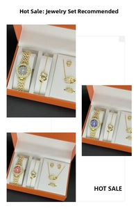 Close-up of elegant women's jewelry set with quartz watch, necklace and earrings in a gift box