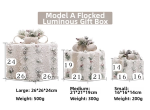 Size chart for flocked glowing Christmas gift boxes in small, medium, and large dimensions