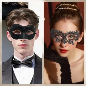 Masquerade eye masks set with black lace and 3D embossed designs for couples