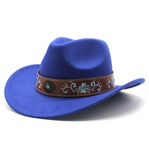 Detail of bright blue cowboy hat with embroidered brown band and vintage metal buckle