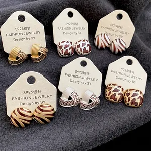 Vintage Geometric Animal Print Enamel Stud Earrings Copper Jewelry With 925 Sterling Silver Earring Post For Women