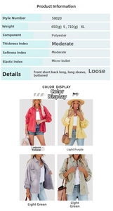 Detailed size chart and multi-color view of women's long sleeve denim shirt jacket