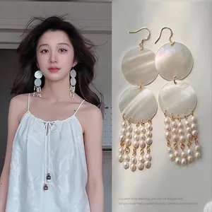 Mother Of Artificial Pearl Tassel Long Earrings Elegant French Style Shell Artificial Pearl Dangle For Women Luxury Bohemian Sweet Jewelry