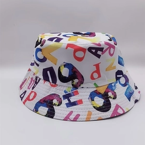 Close-up of vibrant color letter graffiti print on a white stylish cotton bucket hat