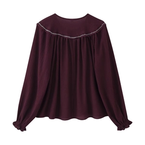 Wine red long sleeve blouse with pleated texture and elastic ruffle cuffs in loose fit