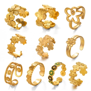 Set of 10 golden adjustable stainless steel rings featuring floral and butterfly designs