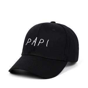 Black cotton baseball cap with white PAPI embroidery and curved brim for sports
