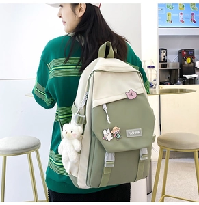 Nahaufnahme des grün-beigen Rucksacks mit Bärenanhänger und Cartoon-Ansteckern