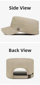 Detail view of khaki military cap side metal badge and adjustable back sport buckle