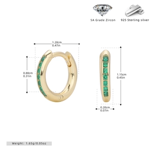 Detail of 925 sterling silver gold hoop earrings with green zircon and size measurements