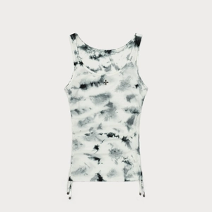 Tie-dye ribbed sports tank top with side drawstrings and cross logo in black and white