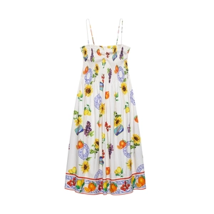 Sommer Spaghettiträger Smocking Minikleid Mediterraner Obst Floral Druck A-Linie Urlaubskleid Für Damen