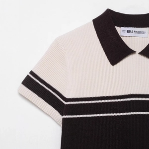 Vintage rib-knit polo shirt featuring contrast brown and cream stripes and slim-fit short sleeves