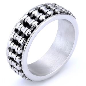 Polished silver stainless steel bicycle chain ring for men in minimalist industrial style