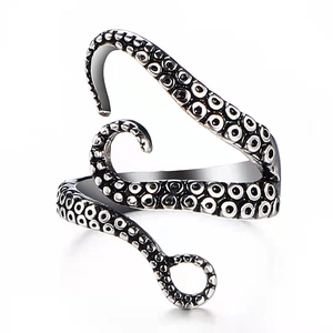 Vintage silver punk octopus claw ring with adjustable open band and gothic oxidised finish