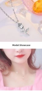 Macro detail and model wearing a silver rose pendant necklace with pavé cubic zirconia