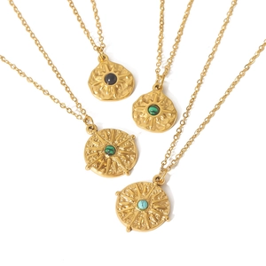 18K gold plated stainless steel sunburst coin necklaces with assorted colorful stone inlays