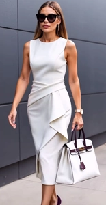 Detail of white sleeveless dress showing waist pleats and slim fit tailoring