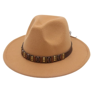 Ethnic style khaki wool felt fedora hat featuring a shell and metal bead belt accessory