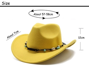 Detail of yellow wool cowboy hat with shell band and dimensions 57-58cm head size