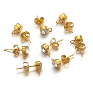 Gold plated stainless steel stud earrings with rhinestones and loop for DIY jewelry making