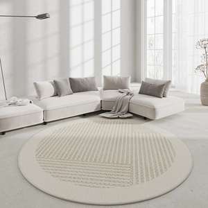 Minimalist beige round rug with geometric lines in modern living room setting