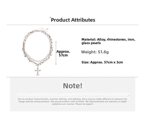Detailed size and material specs for double-layer pearl heart cross necklace set