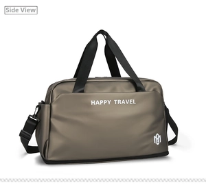 Detailed side view of bronze travel bag showing shoe compartment and HAPPY TRAVEL logo