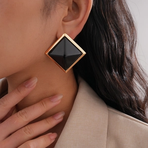 Square Stud Earrings With Resin Pyramid And Silver Earring Post Vintage Geometric Gold Plated Fashion For Women