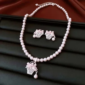 Collier Et Boucles D Oreilles Panier De Fleurs Rétro Français Avec Künstliche Perles Fantaisie Rose Blanc Cuivre Bijoux Élégants Pour Femmes