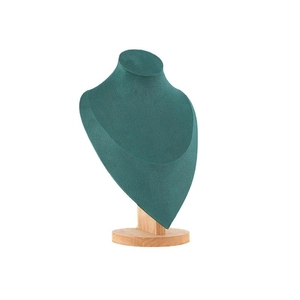 Elegant dark green velvet necklace bust display stand with solid wooden round base