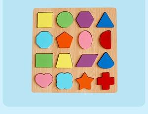 Top-down view of 16 colorful geometric wooden puzzle blocks on a light blue background