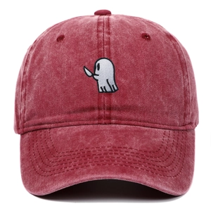 Vintage washed cotton baseball cap in burgundy with a ghost embroidery design
