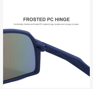 Detail of durable blue matte PC hinge for lightweight outdoor sports sunglasses