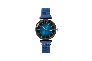 Elegant women's quartz watch featuring a blue gradient dial and a blue magnetic mesh strap.
