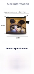 Size chart for cute cat coin purse showing 13.5cm by 11cm dimensions and polyester material