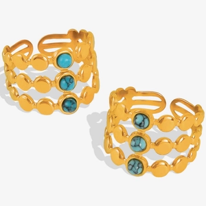 Golden stainless steel triple-layer open ring featuring round turquoise stone inlays