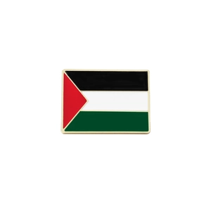 Detail view of the metal Palestine flag lapel pin with gold border and enamel colors