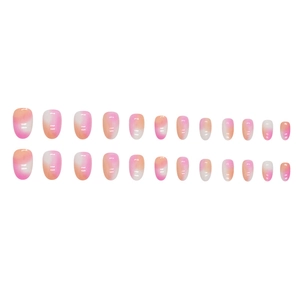 Faux ongles courts ronds avec dégradé rose et orange, ensemble de 24 pièces élégant