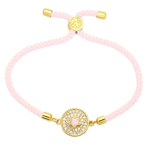 Adjustable pink cord bracelet featuring a gold star pendant with micro-pave zircon crystals