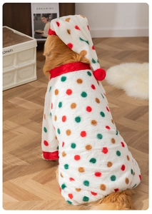 Macro detail of high-quality polka dot fleece fabric on a large dog winter pajama set