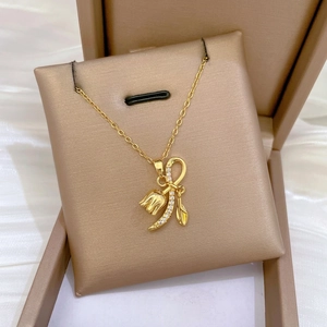Elegant gold titanium steel necklace featuring a sparkling diamond tulip orchid pendant