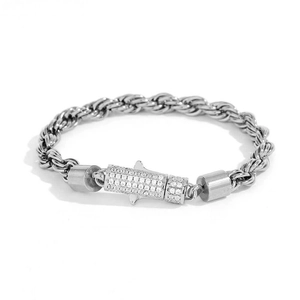 Macro shot of 6mm stainless steel twist chain with a sparkling crystal-encrusted clasp
