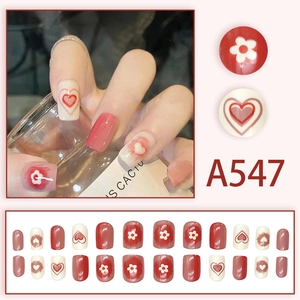 Pink and white heart flower press-on nail kit with 24 pieces of short square nails