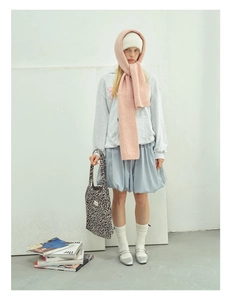 Detailed styling of pink knit balaclava scarf with silver mary janes and leopard tote