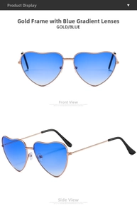 Detail view of heart-shaped sunglasses with gold metal frames and blue gradient lenses