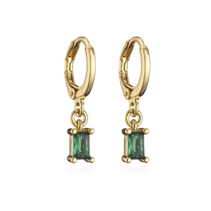 Macro detail of gold hoop earrings featuring rectangular green zircon stone pendants