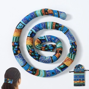 Ethnic blue spiral dreadlock hair tie with geometric patterns and matching storage pouch