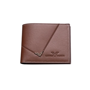 Classic brown leather short bifold men's wallet with white stitching and embossed logo